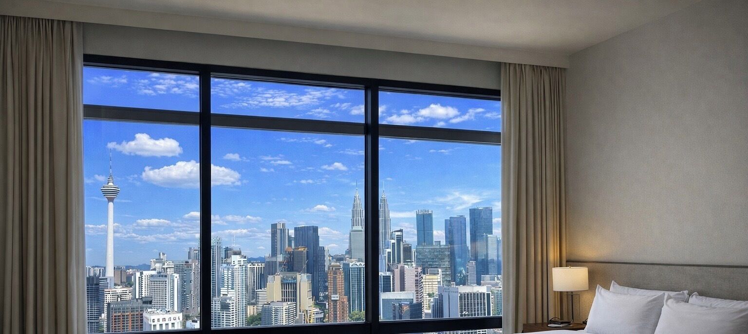 A hotel room with a large window offering a city skyline view, a bed, and a nightstand with a lamp.