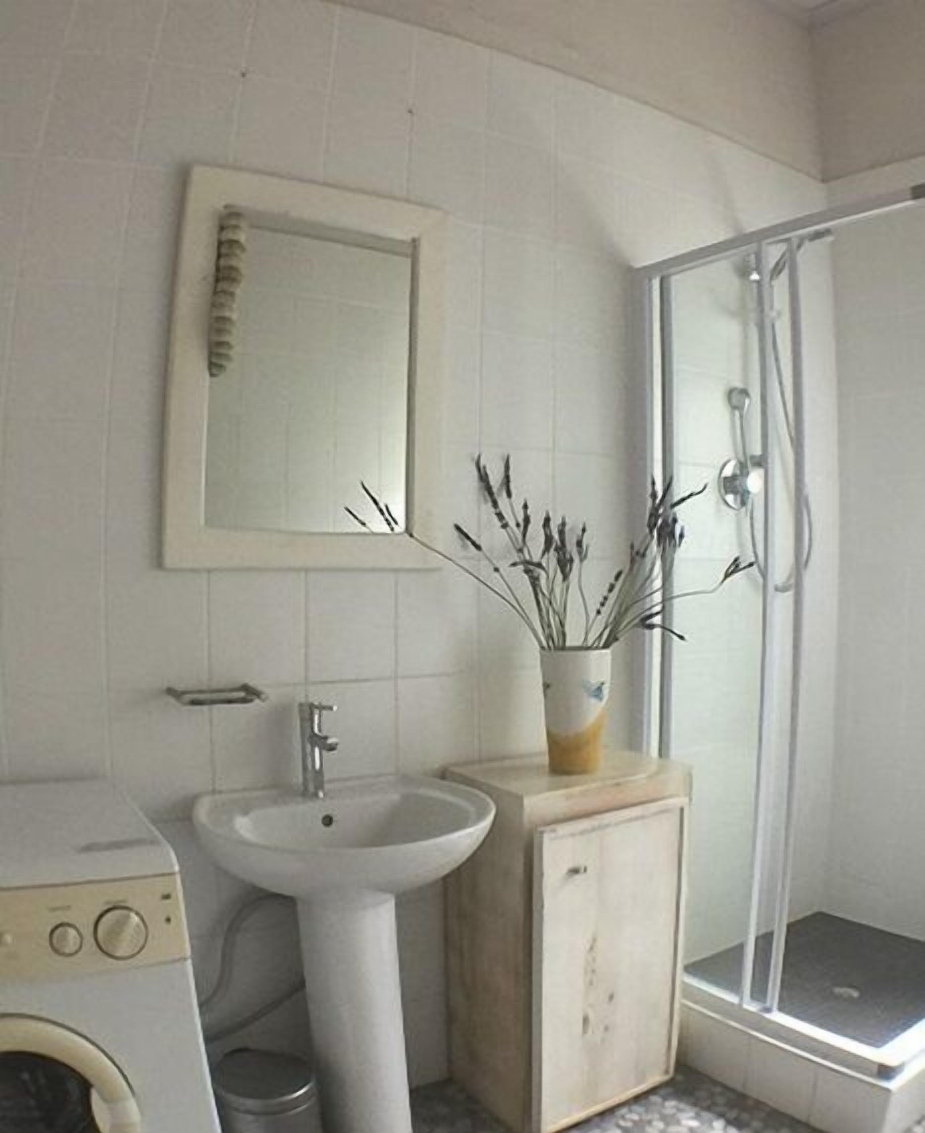 Ein Badezimmer mit Waschbecken, Spiegel, Dusche und einer Waschmaschine.