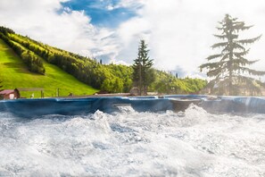 A hot tub with a view of a green hillside and a tree. - Hotel Šachtička (Selce)