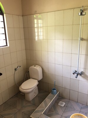 Shower, free toiletries, towels, soap