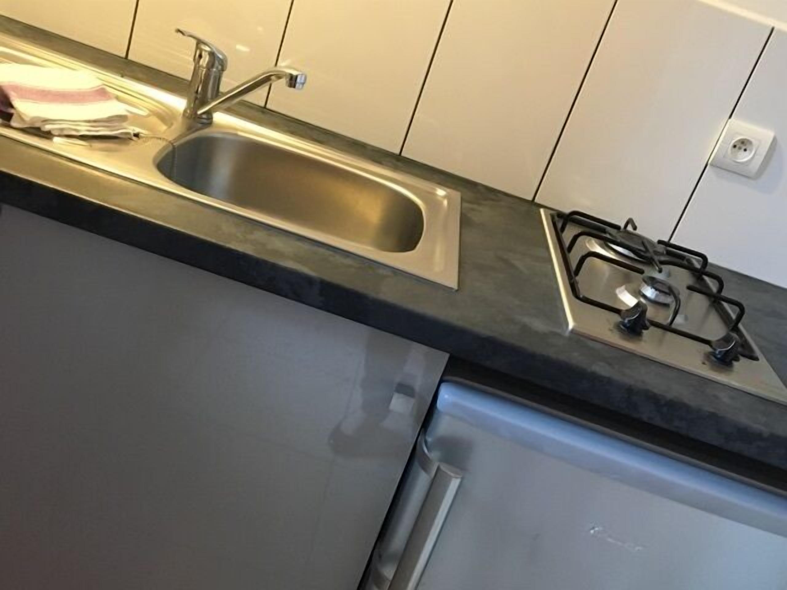 Una cocina con un lavamanos de acero inoxidable, una estufa a gas y un lavavajillas integrado.