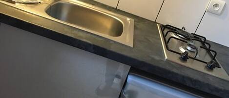 Una cocina con un lavamanos de acero inoxidable, una estufa a gas y un lavavajillas integrado.