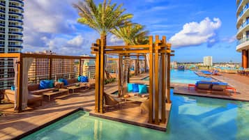2 outdoor pools, open 10:00 AM to 8:00 PM, pool umbrellas, pool loungers