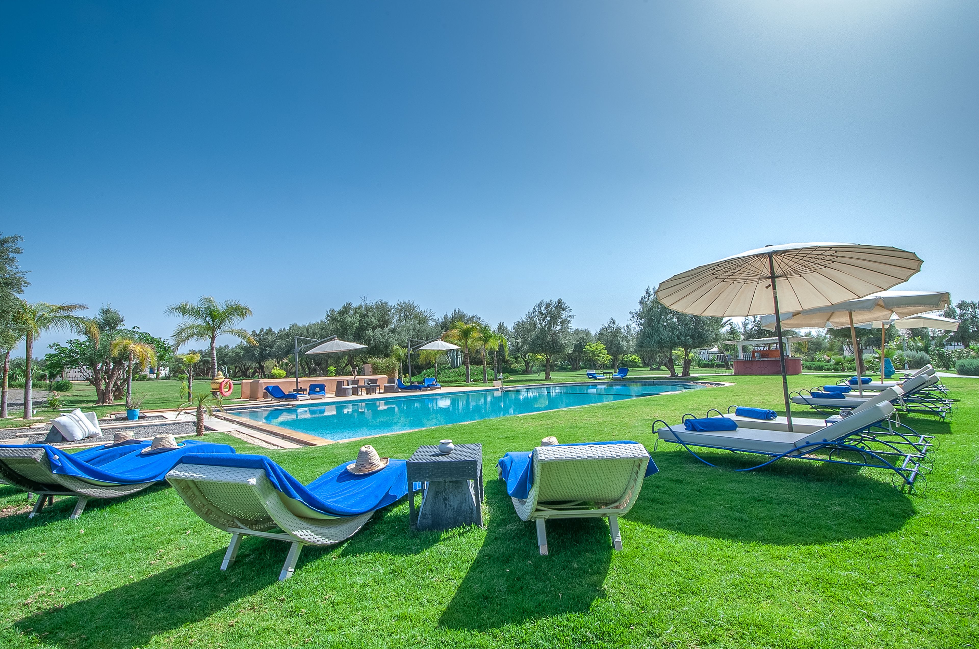 Outdoor pool, pool umbrellas, pool loungers