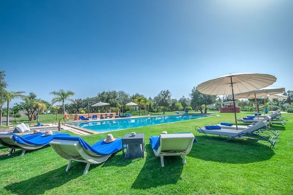 Outdoor pool, pool umbrellas, pool loungers
