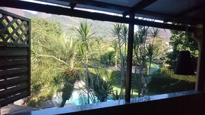 A view from a covered balcony with a pool, surrounded by lush greenery and palm trees.