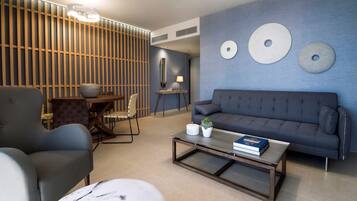 Premium Apartment, 2 Bedrooms, Sea View (Family) | Living area | 22-inch flat-screen TV with satellite channels, LCD TV