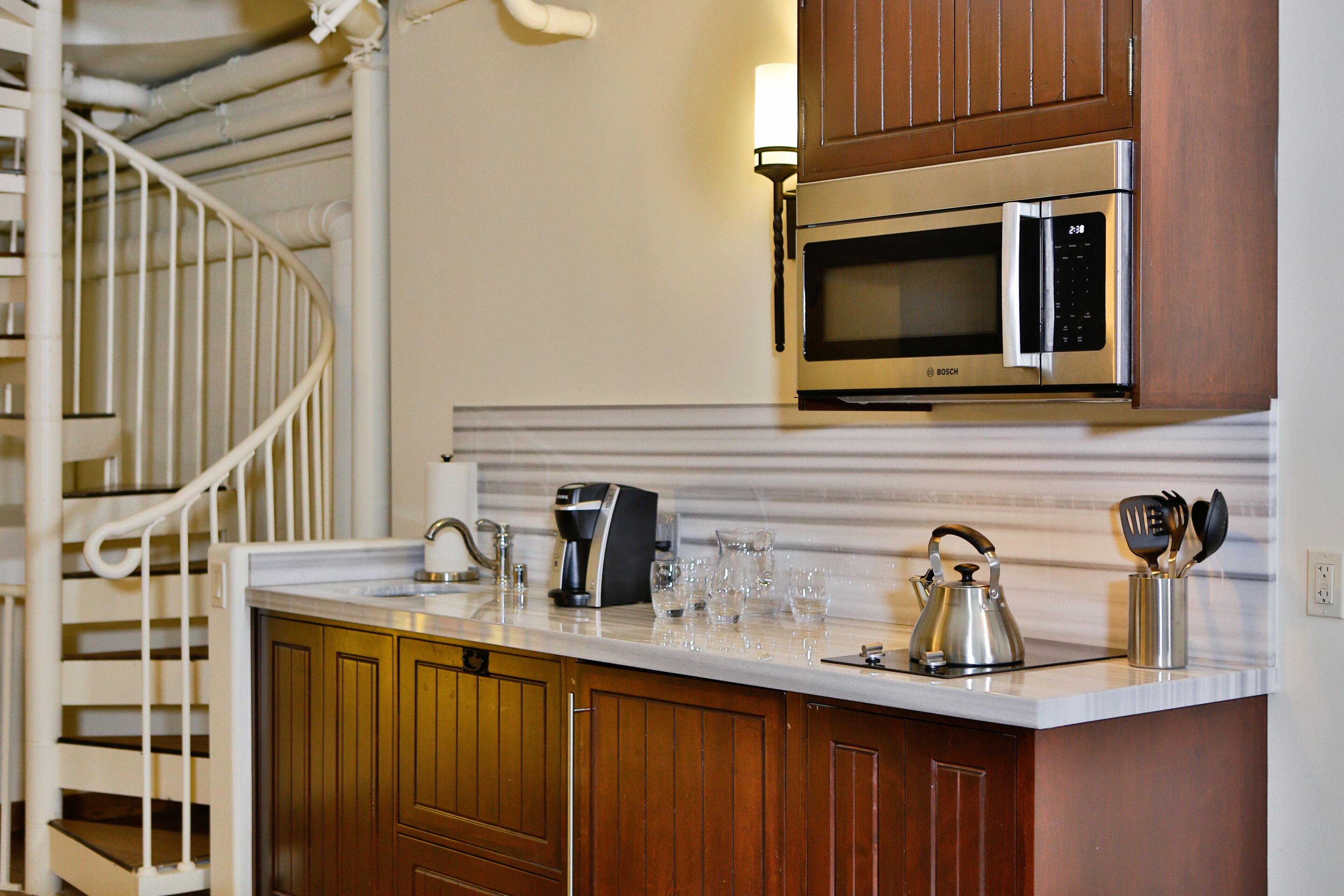 fridge, microwave, dishwasher, espresso maker