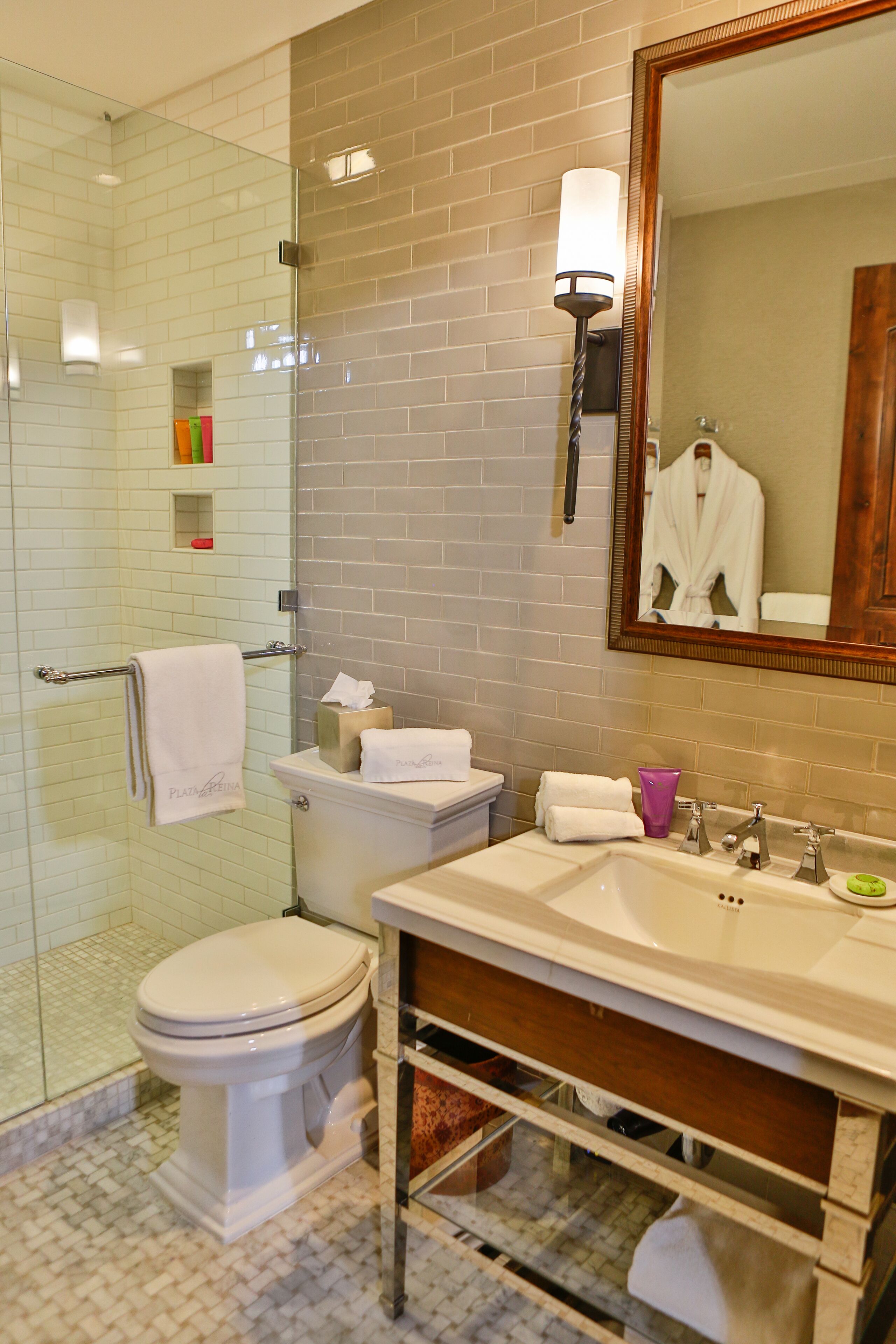 room, mezzanine | bathroom | shower, designer toiletries, hair dryer, bathrobes