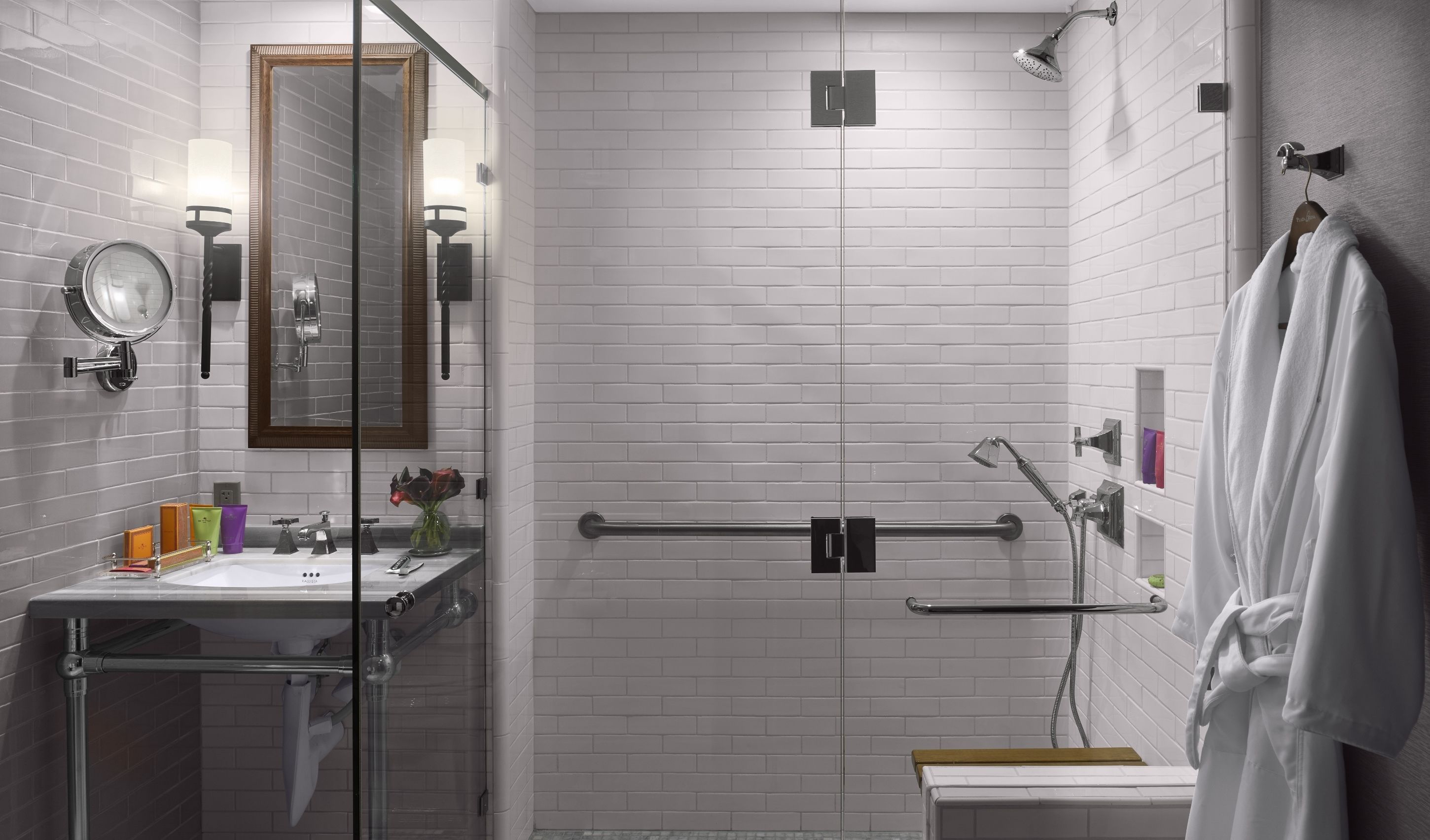 shower, designer toiletries, hair dryer, bathrobes