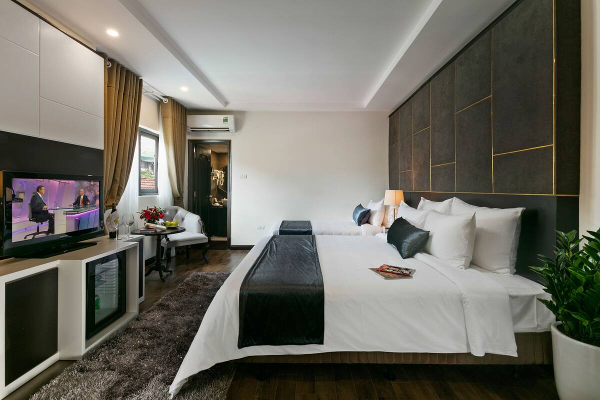 Una habitación de hotel moderna con una cama grande, un televisor, un escritorio pequeño y una planta en maceta.
