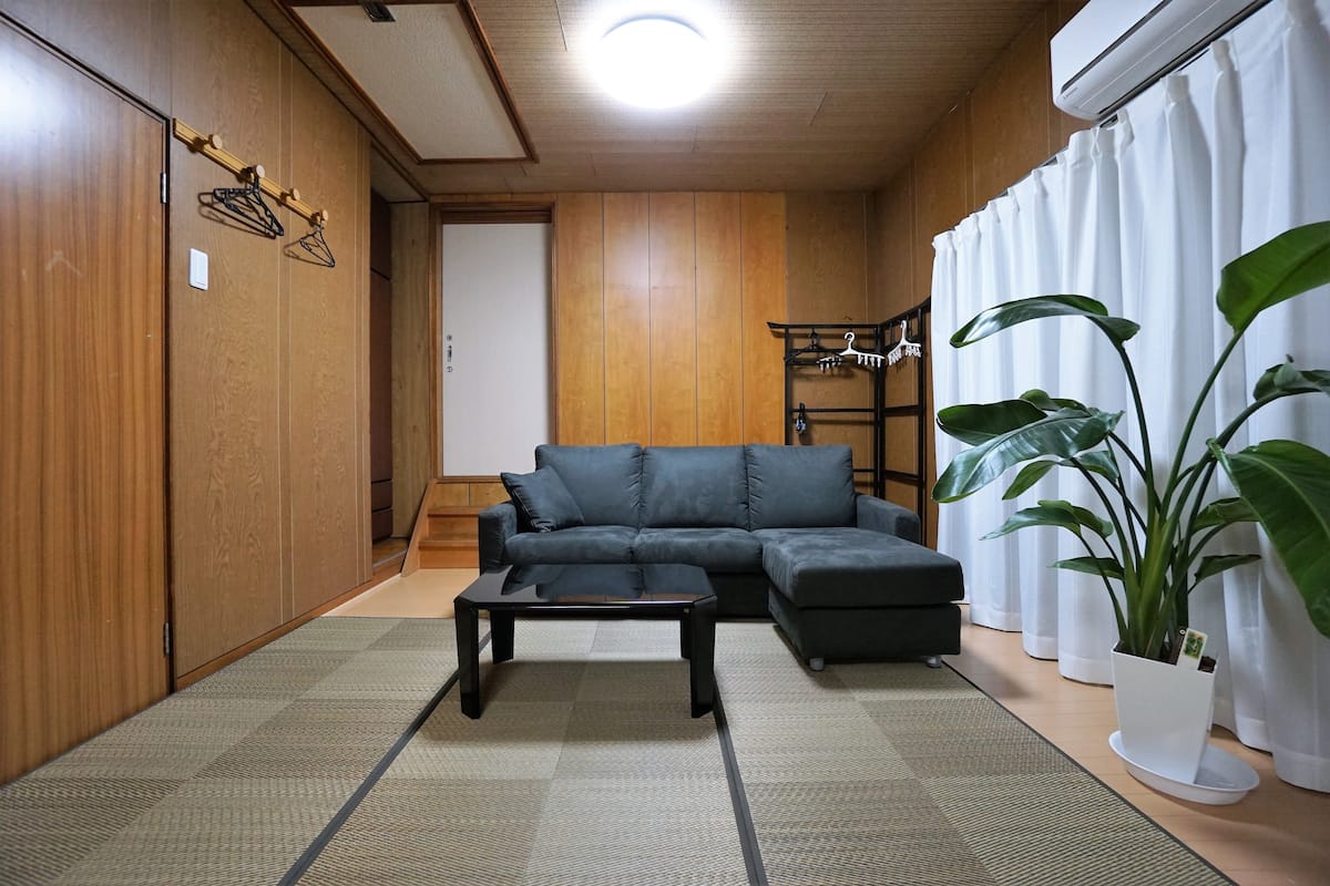 Ein Wohnzimmer mit einer Couch, einem Couchtisch, einer Pflanze und einer Holzwand.