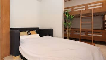 A bedroom with a single bed, a wooden bunk bed, and a potted plant.