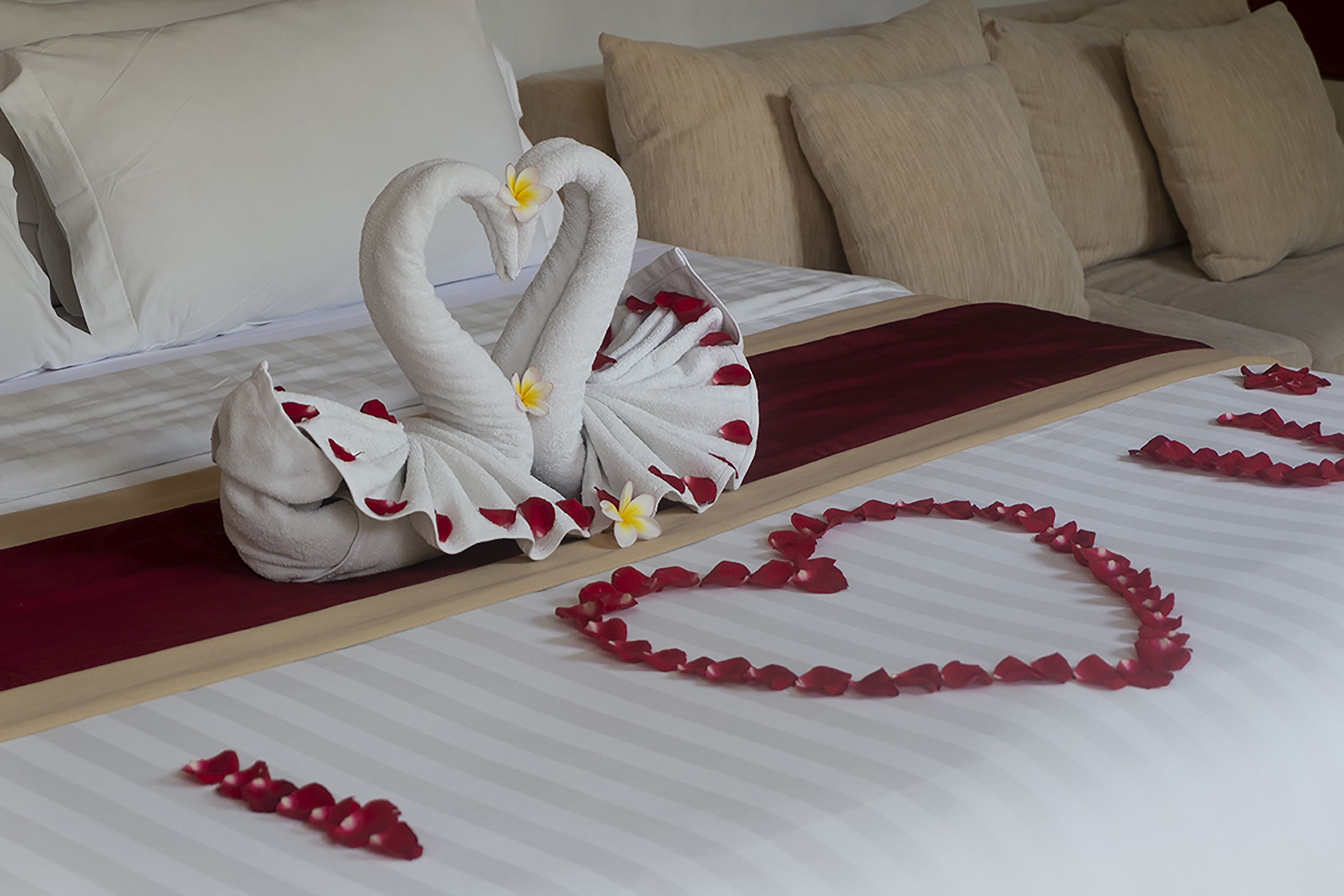 A bed with a swan-shaped towel arrangement and heart-shaped flower petals on the bedspread.
