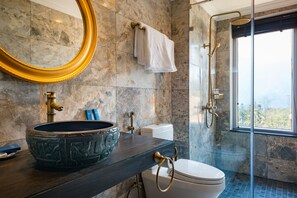 A bathroom with a large oval sink, a toilet, and a shower.