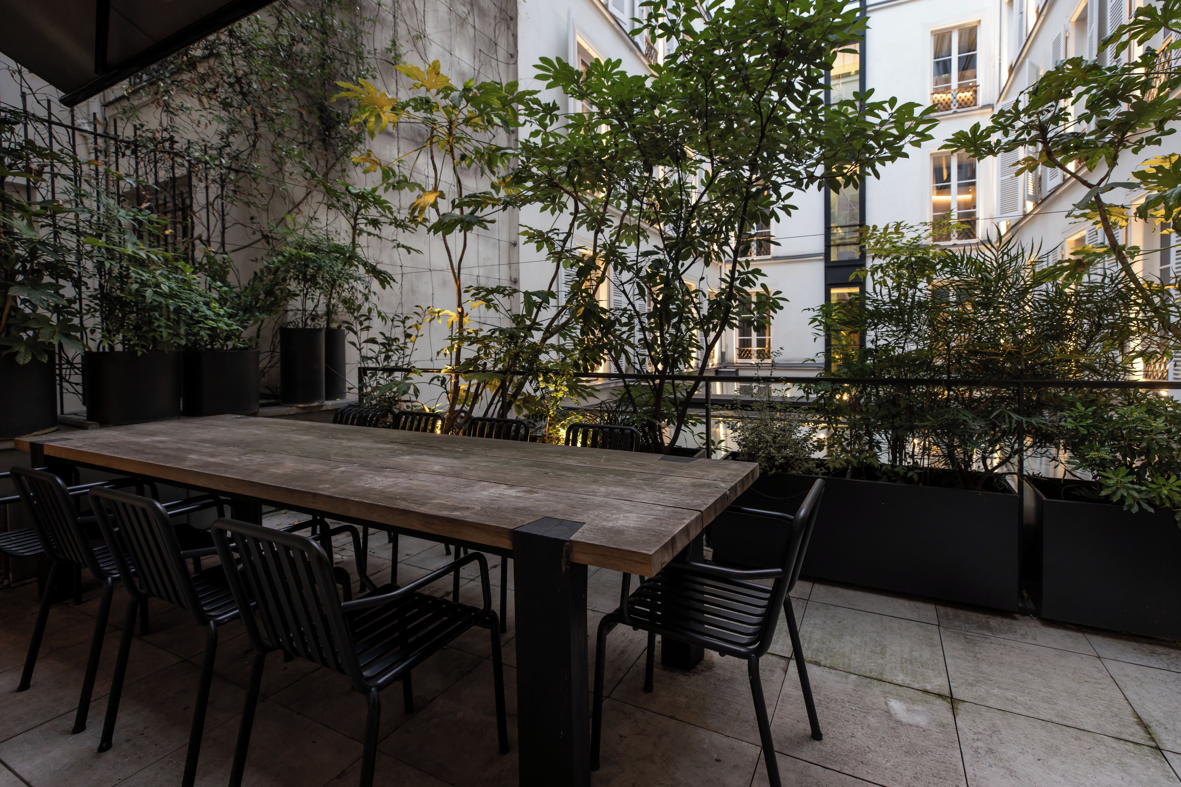 An outdoor dining area with a wooden table and black chairs, surrounded by potted plants and overlooking a building.
