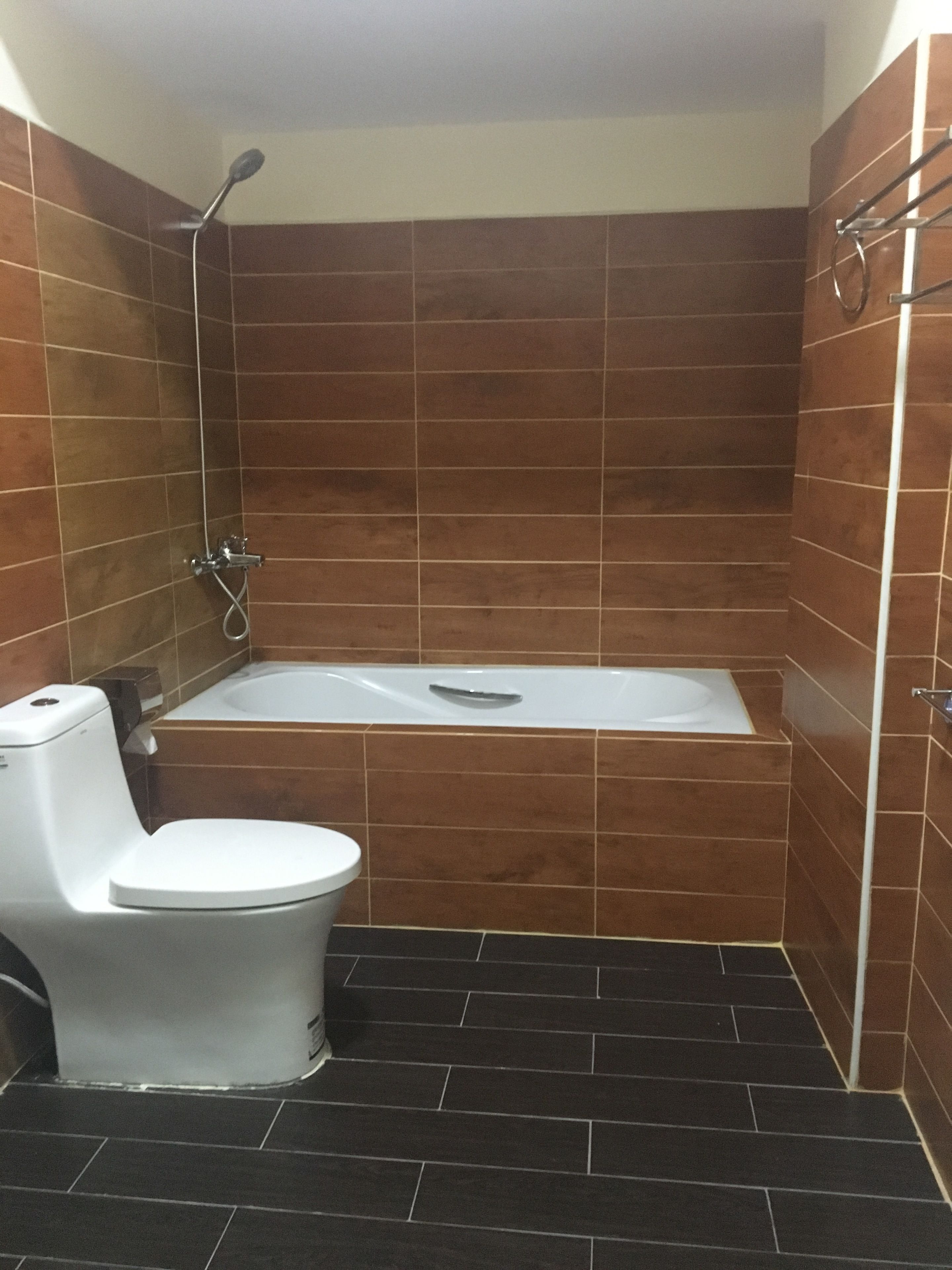 Une salle de bain avec une baignoire, des toilettes et une douche.