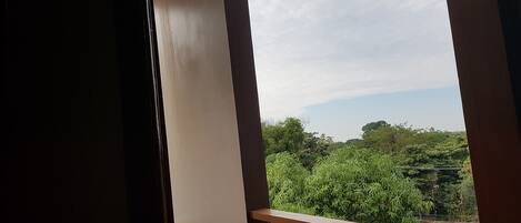 A view through a window with a metal frame, overlooking a green landscape with trees and a clear sky.