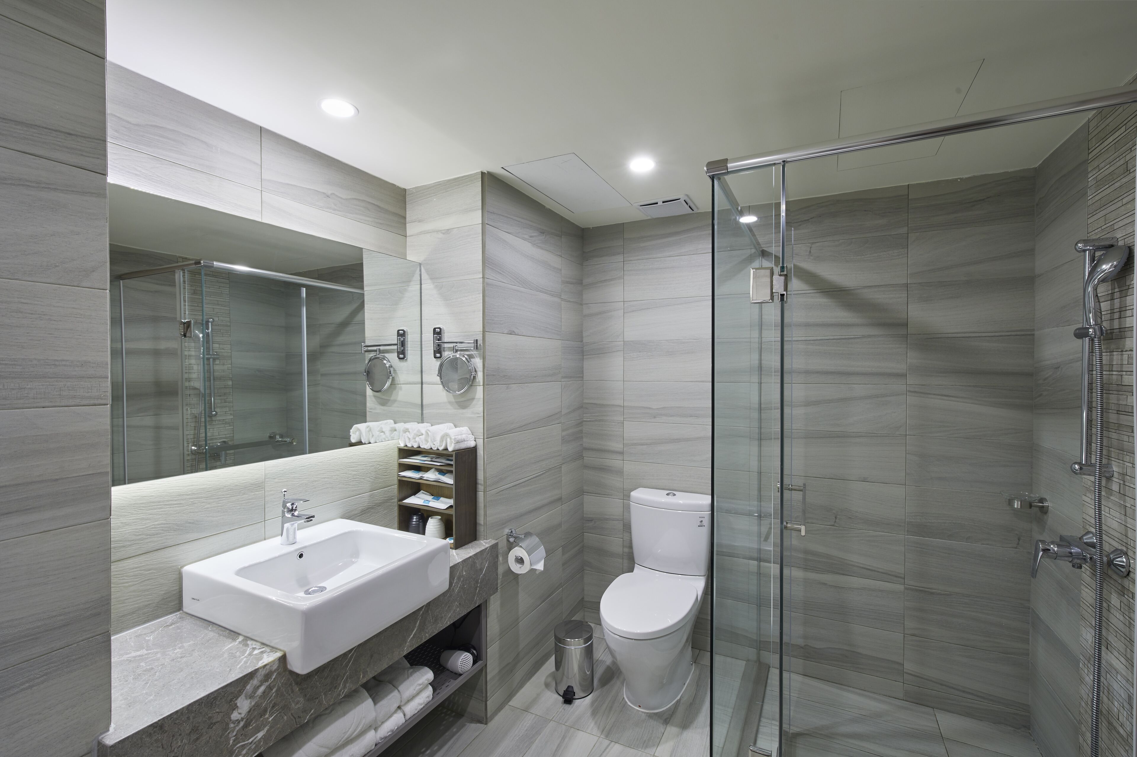 Un baño moderno con ducha de vidrio, un lavamanos blanco y un inodoro.