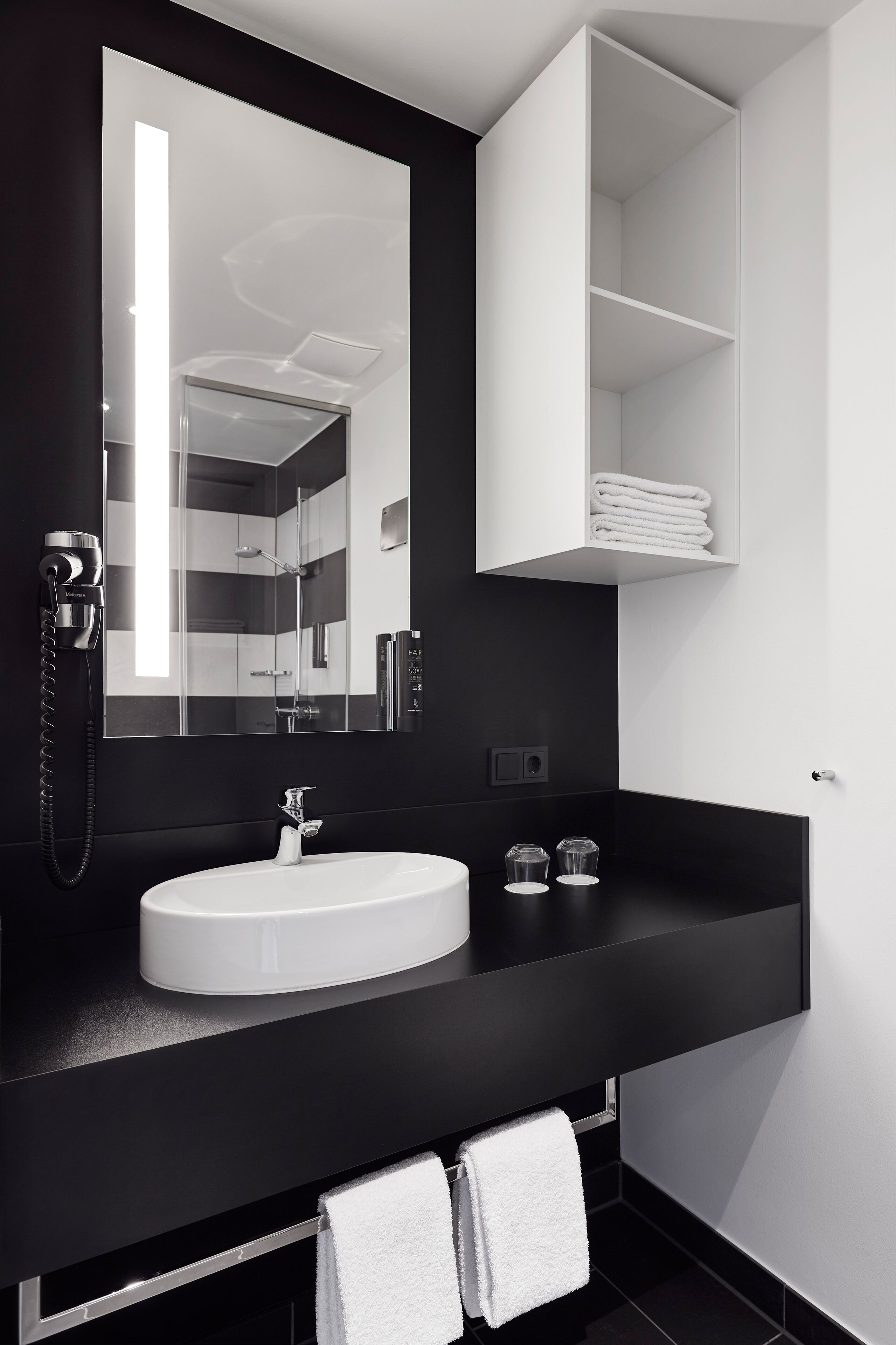 shower, eco-friendly toiletries, hair dryer, towels