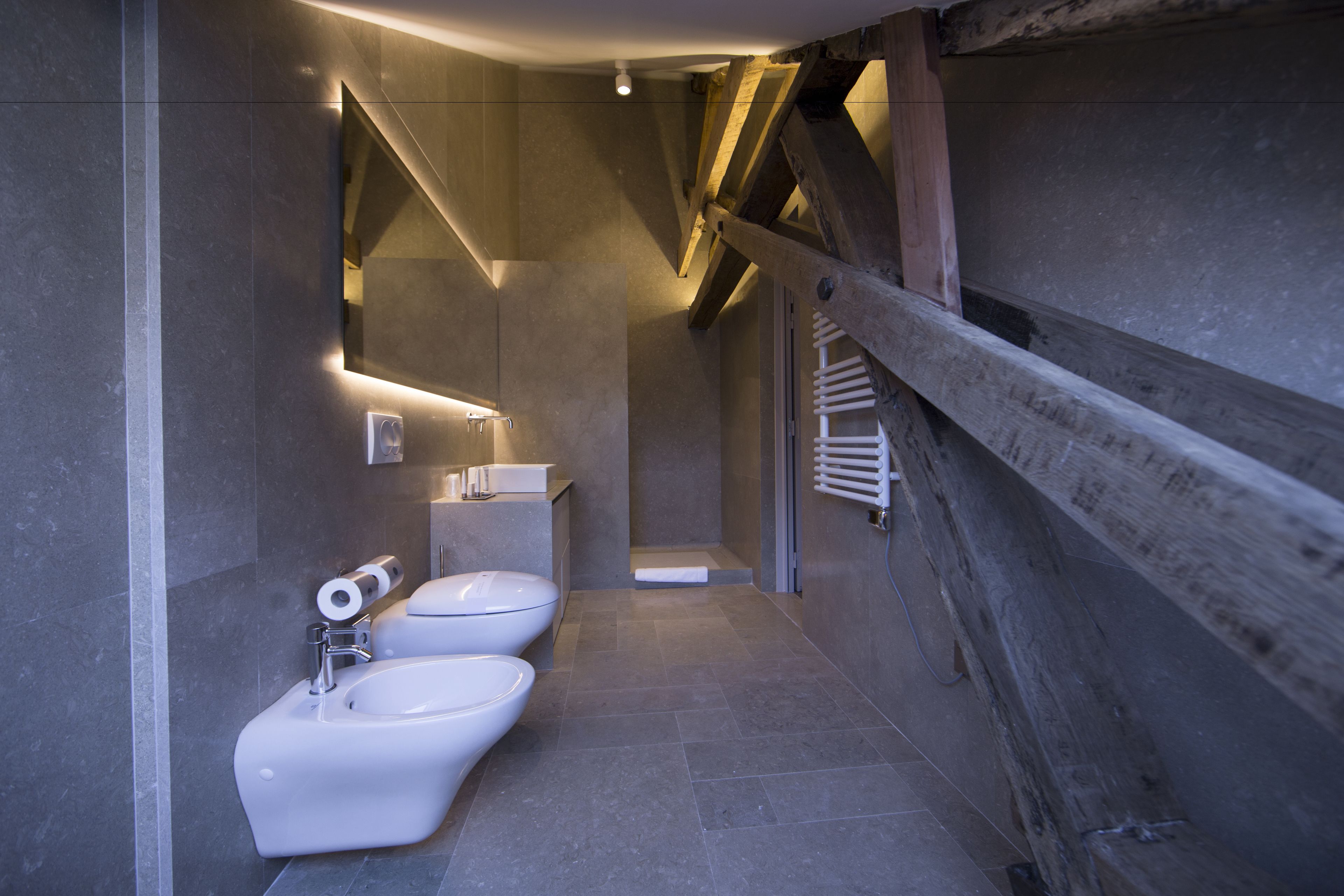 A modern bathroom with two toilets, a sink, and a mirror.