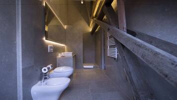A modern bathroom with two toilets, a sink, and a mirror.