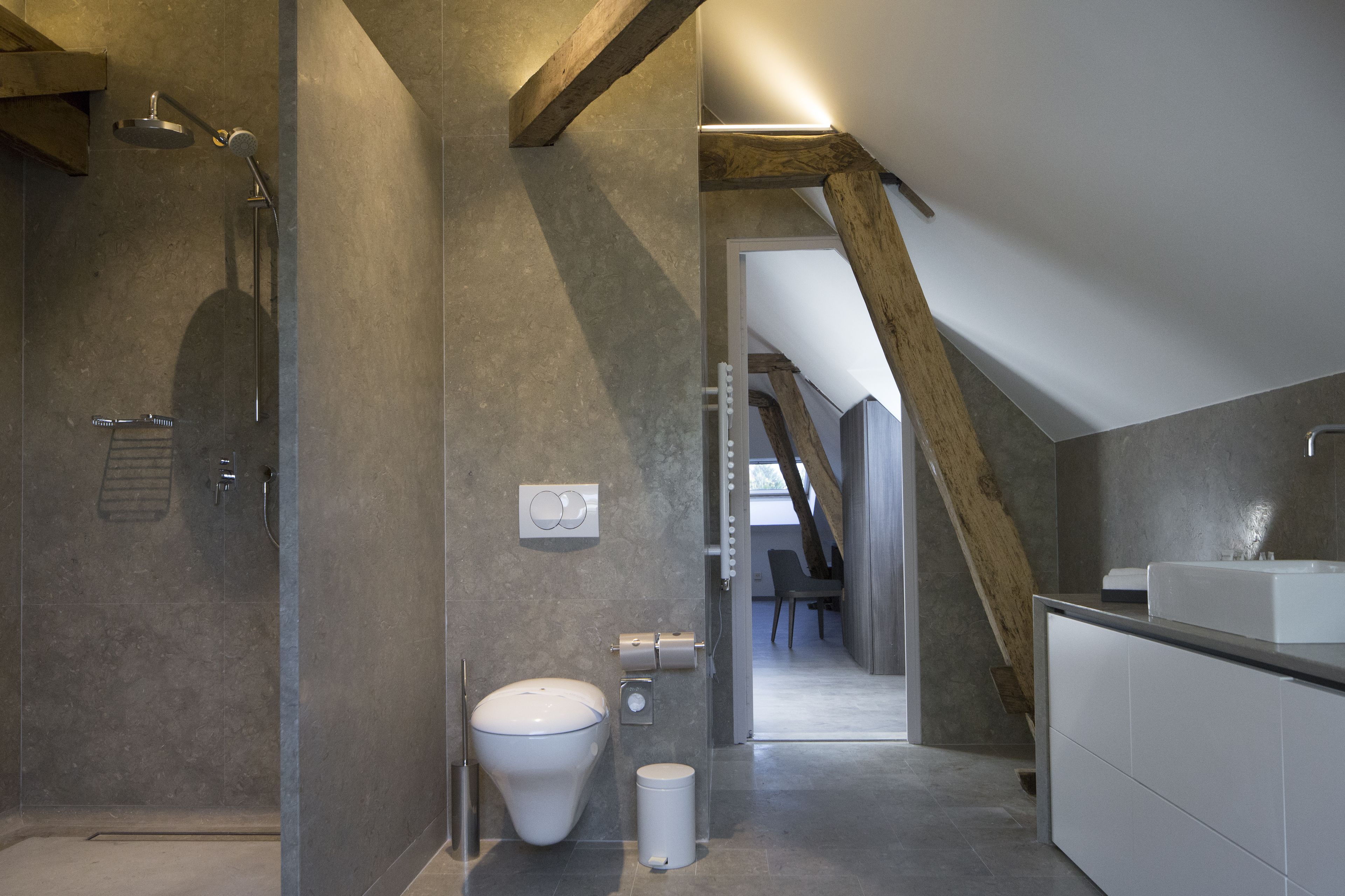 A modern bathroom with a shower, toilet, and sink.