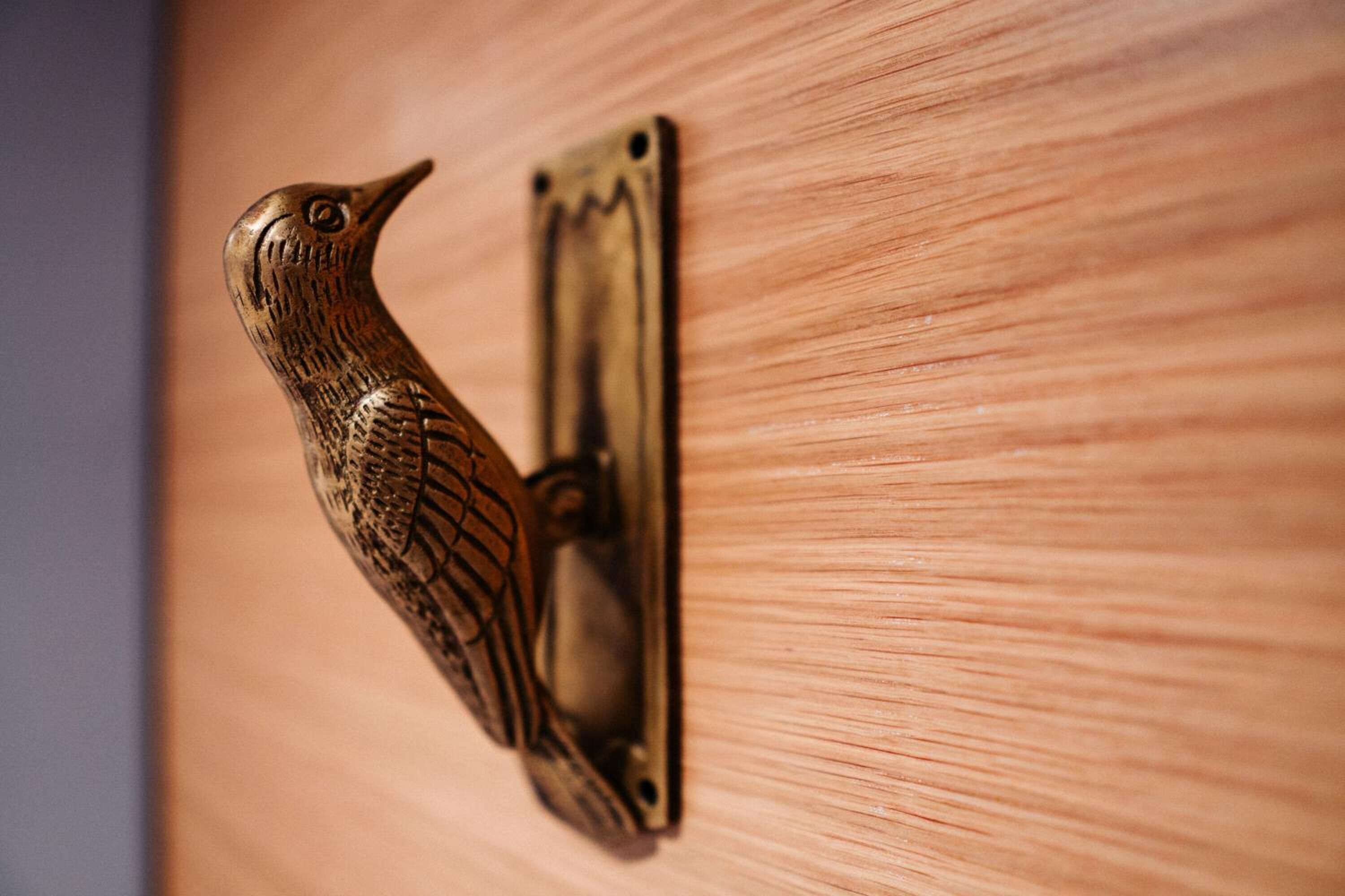Eine Holztür mit einem griffförmigen Vogel aus Messing.