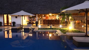 Outdoor pool, pool umbrellas, pool loungers