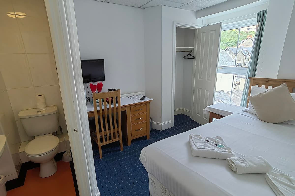 A hotel room with a bed, a desk, a chair, a television, and a closet.