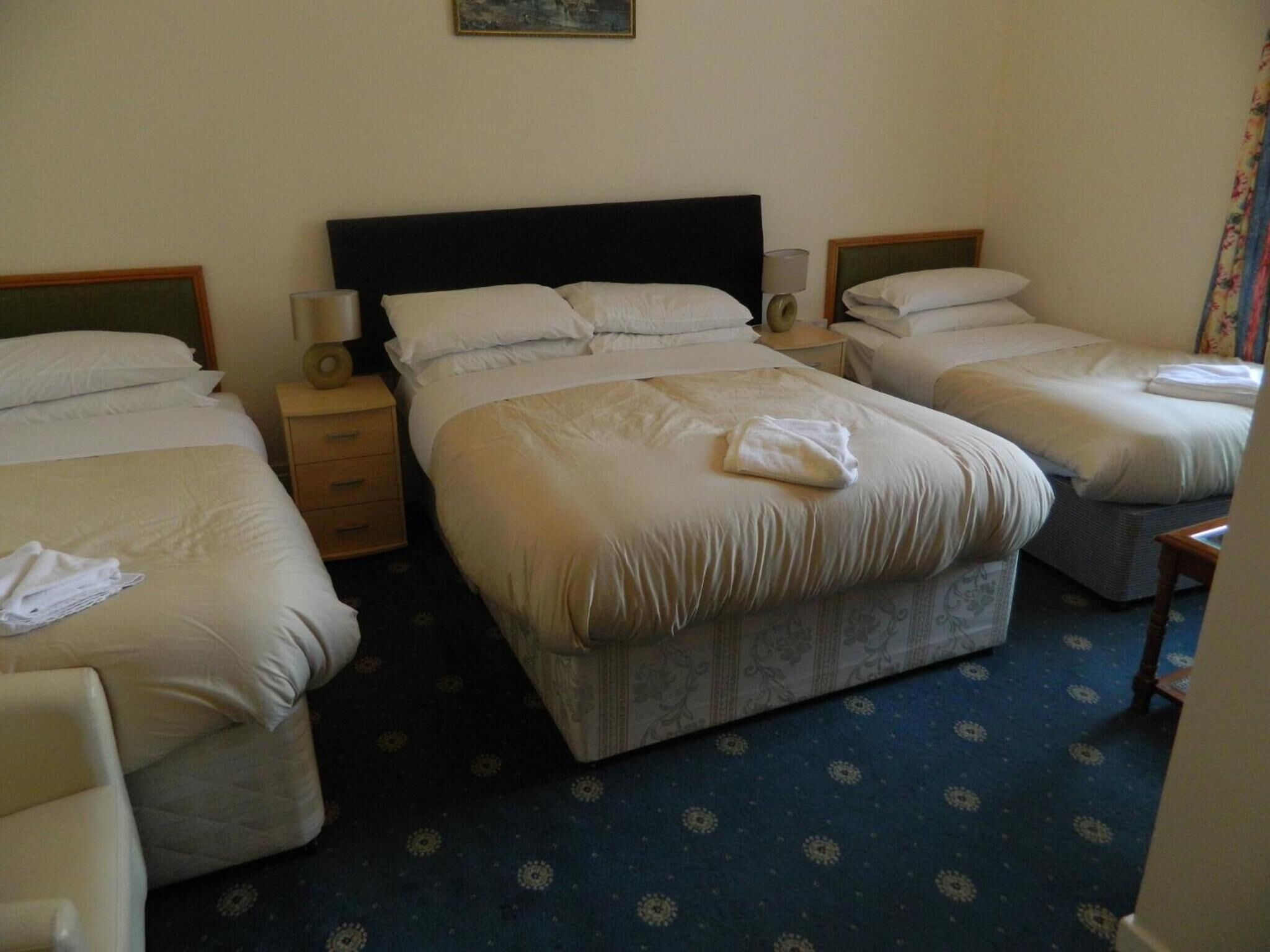A hotel room with three single beds, each with a wooden headboard, a bedside table with a lamp, and a small drawer. The room has a blue carpet with a floral pattern.