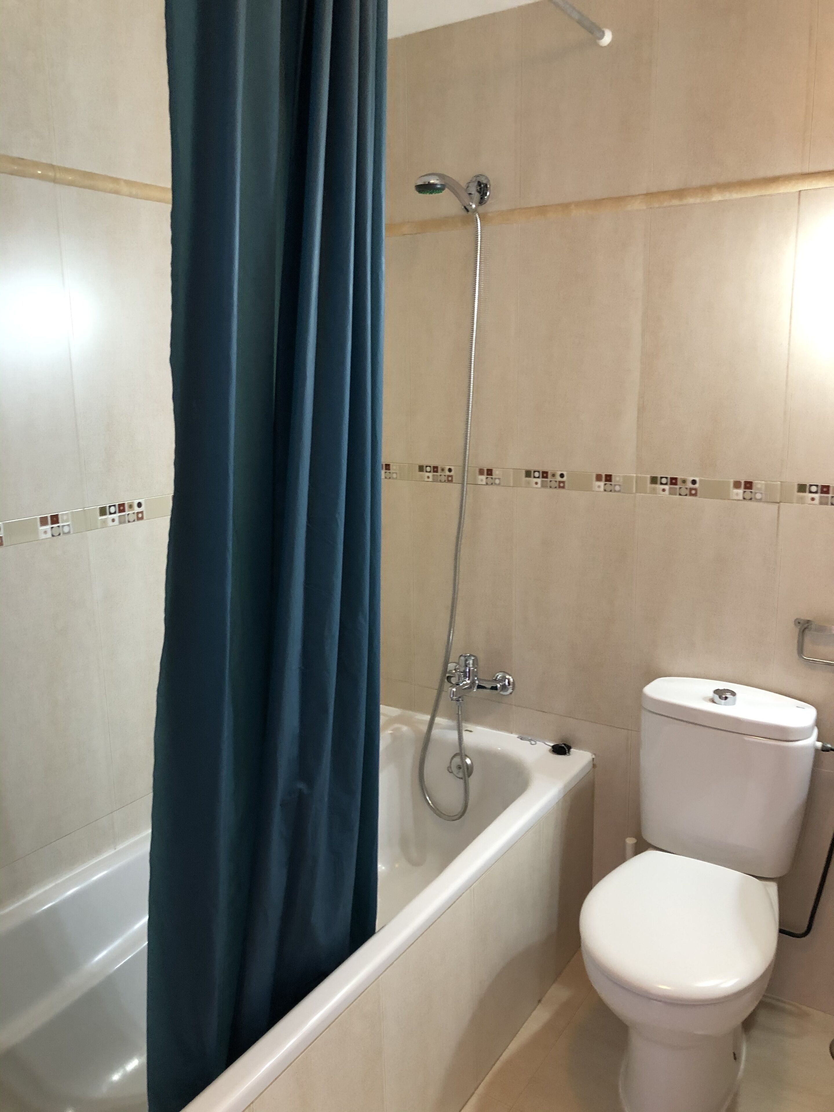 Un baño con bañera, inodoro y ducha.