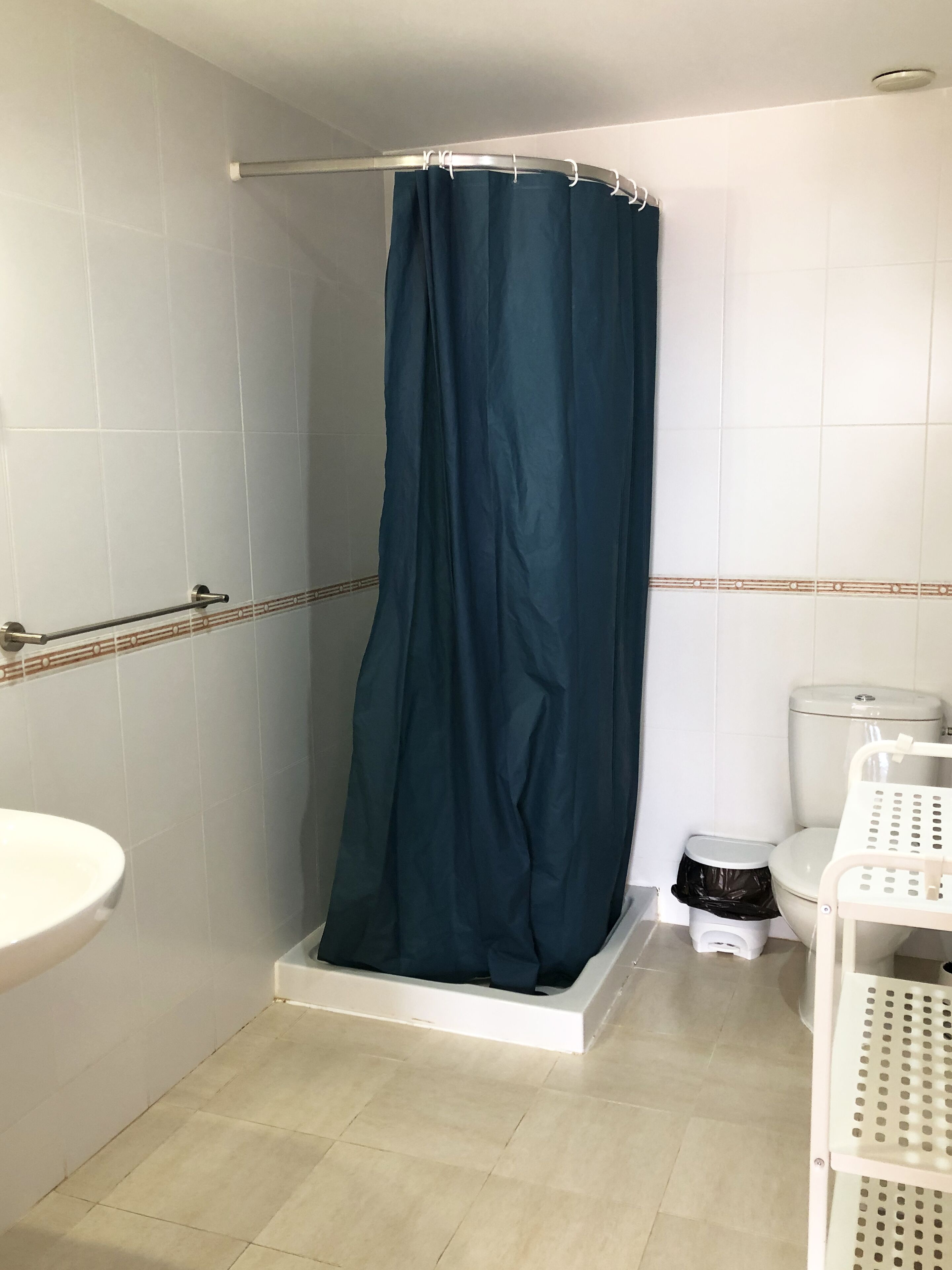 A bathroom with a shower curtain, a toilet, a sink, and a trash bin.