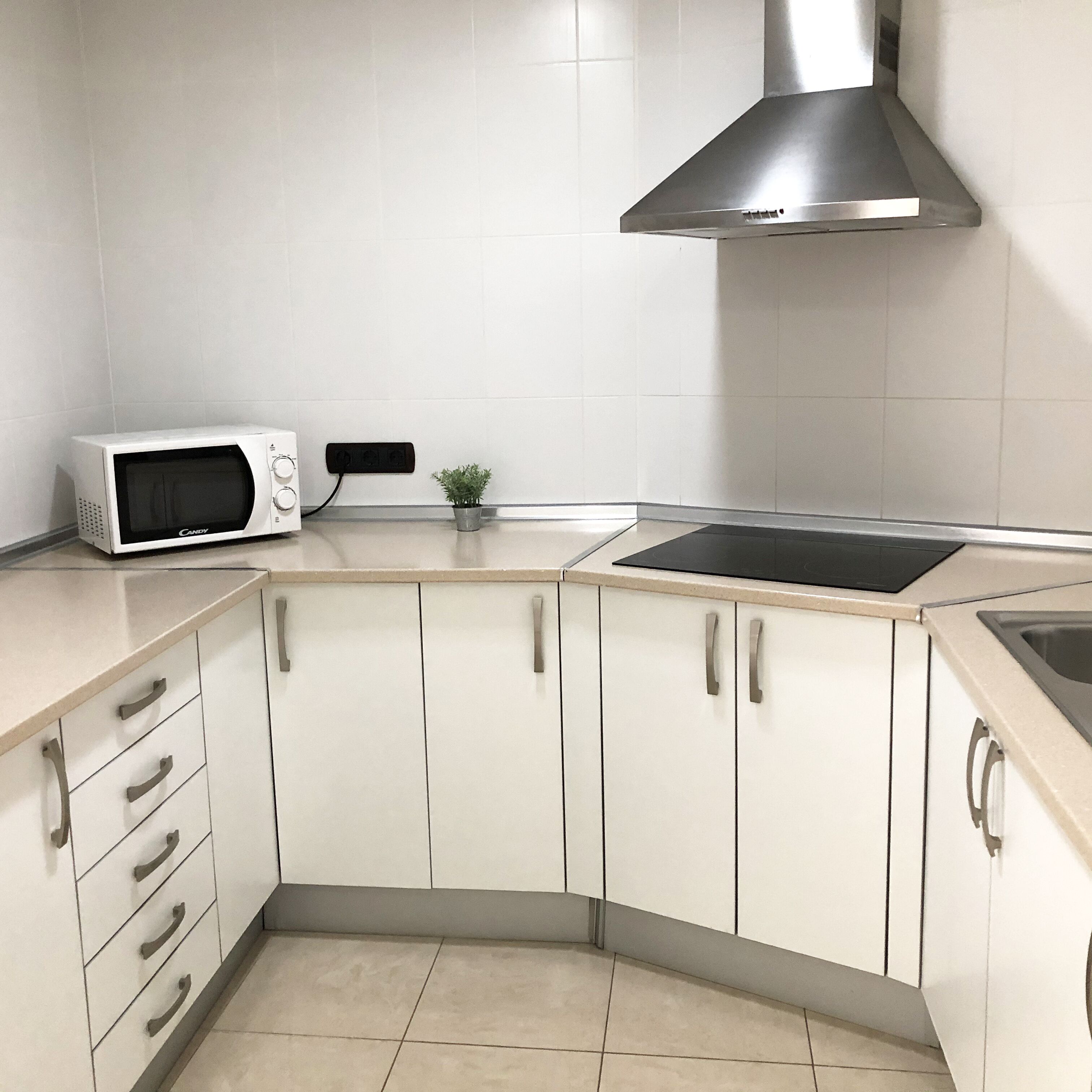 Une cuisine avec des meubles blancs, un four à micro-ondes, une petite plante en pot et une hotte de cuisinière en acier inoxydable.