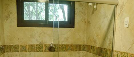 Ducha con mampara de vidrio, paredes de azulejos y un inodoro a la vista en primer plano.