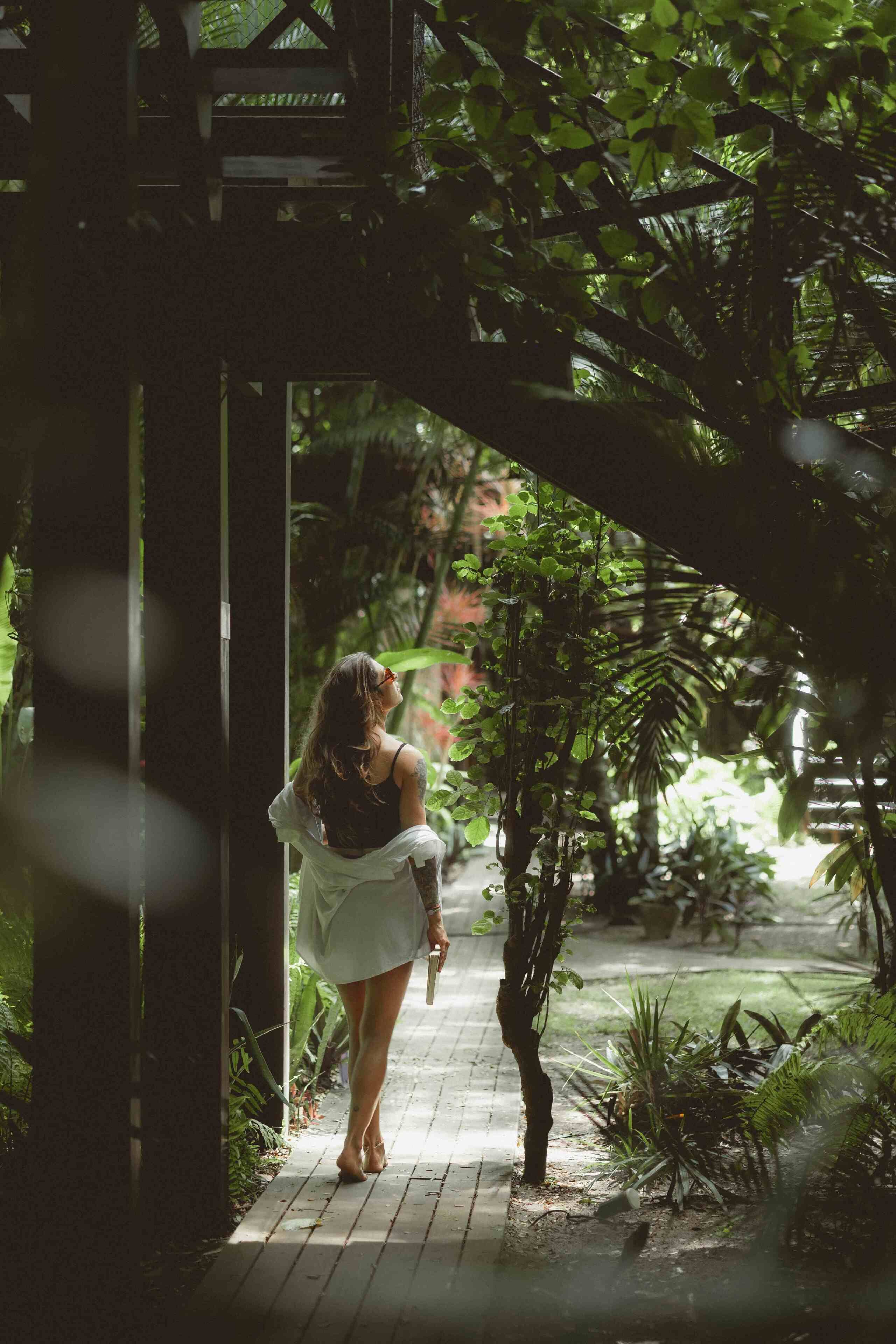A pathway leading through a lush garden with a wooden structure on the left.