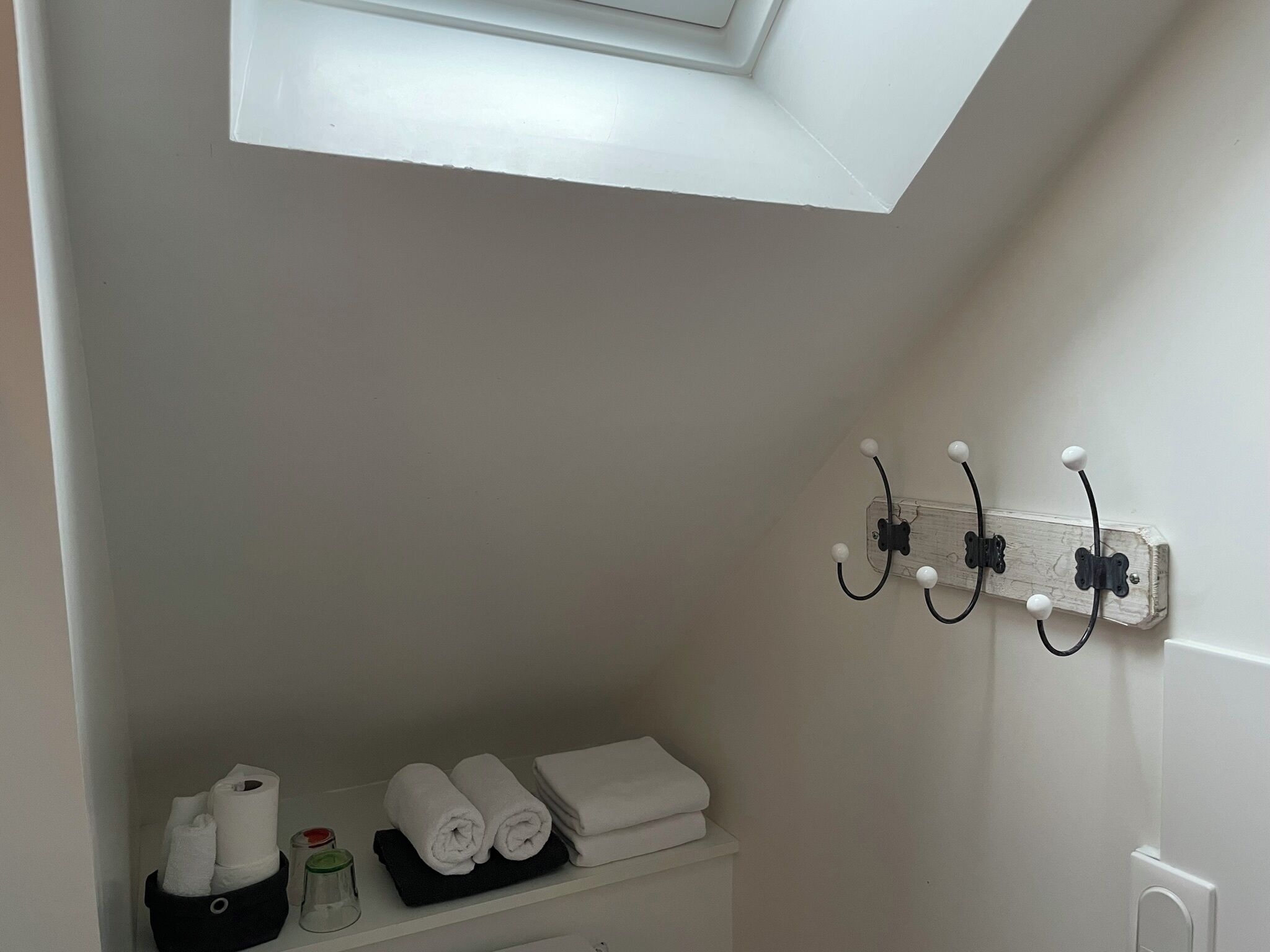 A bathroom with a skylight, a towel rack, and a shelf with towels and toiletries.