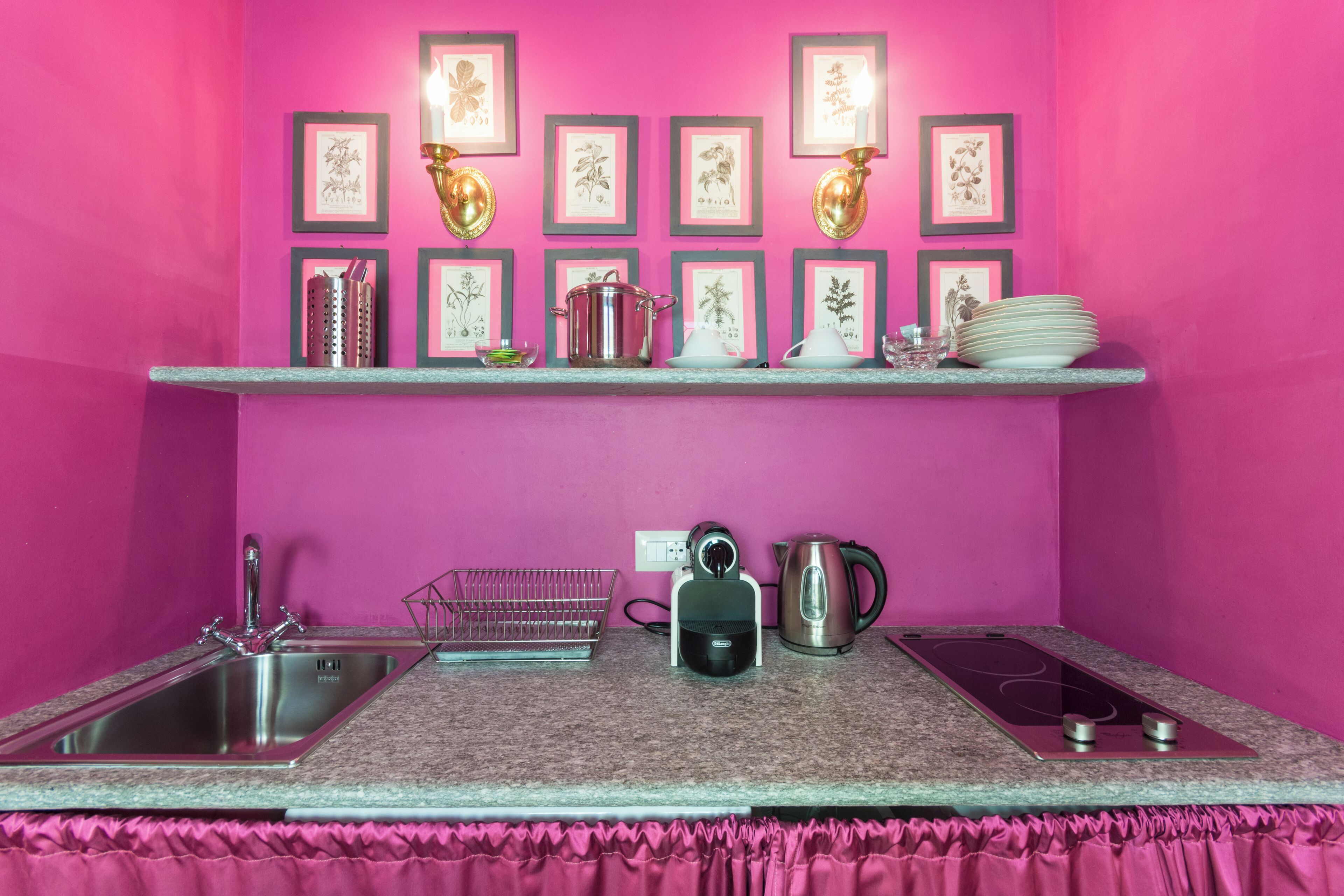 Una cocina con pared rosa, electrodomésticos de acero inoxidable e ilustraciones botánicas enmarcadas.