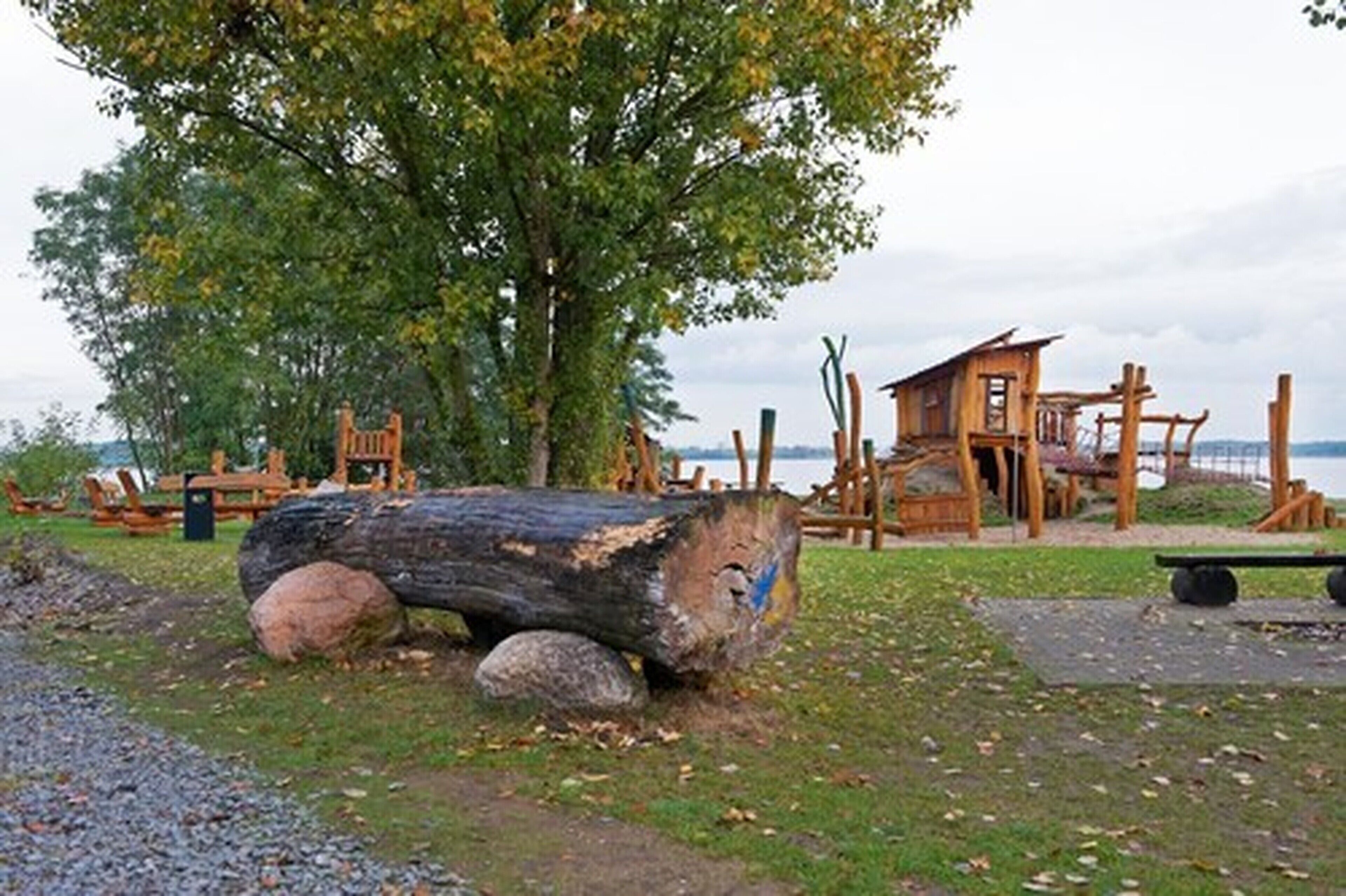 A rustic wooden cabin with a large log in the foreground, surrounded by trees and a view of the water.