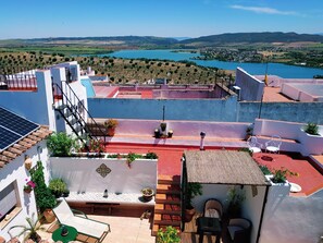 Terraza en la azotea con vistas a un lago, plantas en macetas y mobiliario exterior.