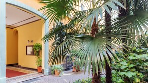 A courtyard with a palm tree, potted plants, and a tiled walkway leading to a building entrance. - Milan Retreats - Porta Venezia (Milan)