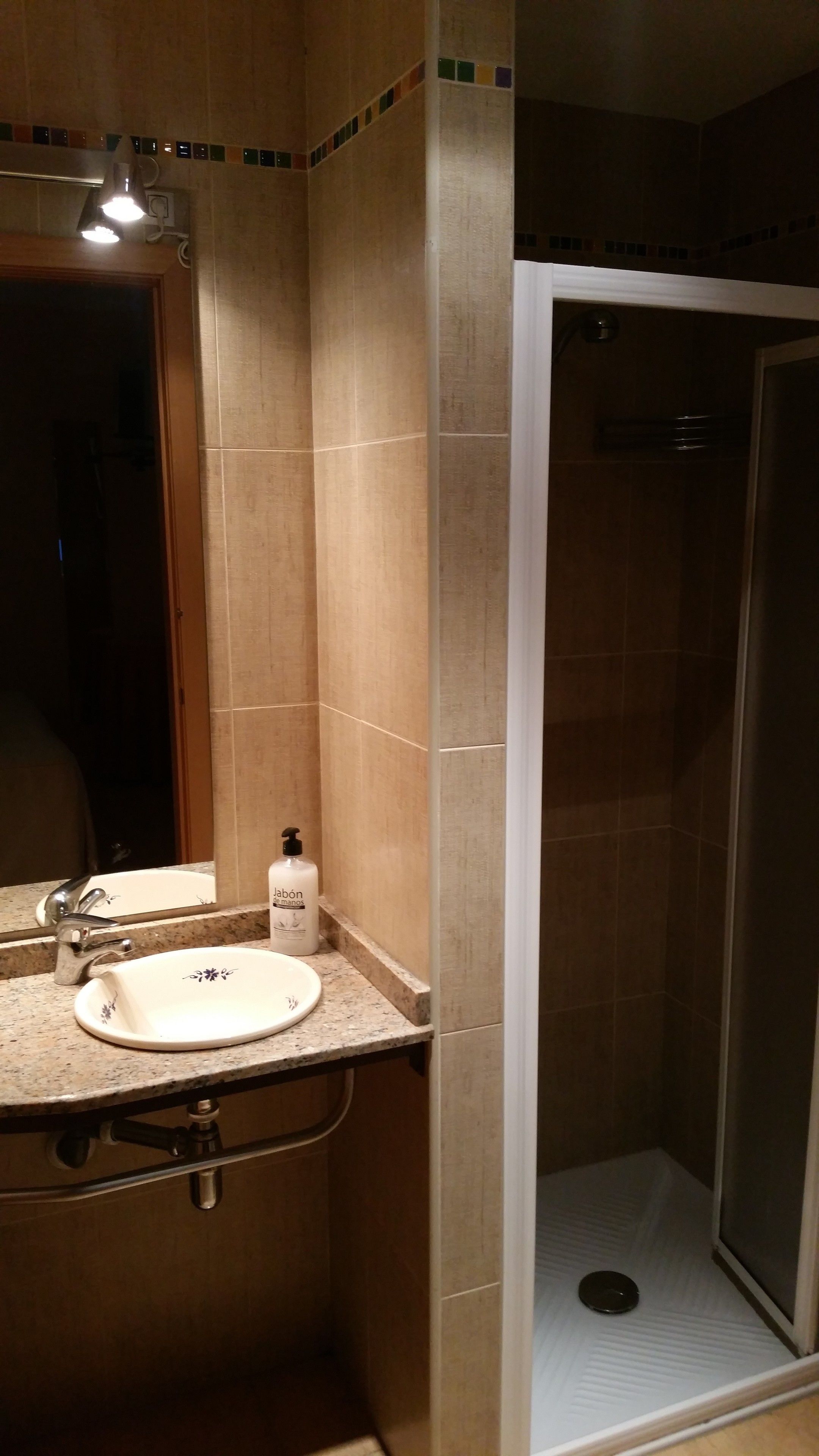 A bathroom with a sink, mirror, and shower.