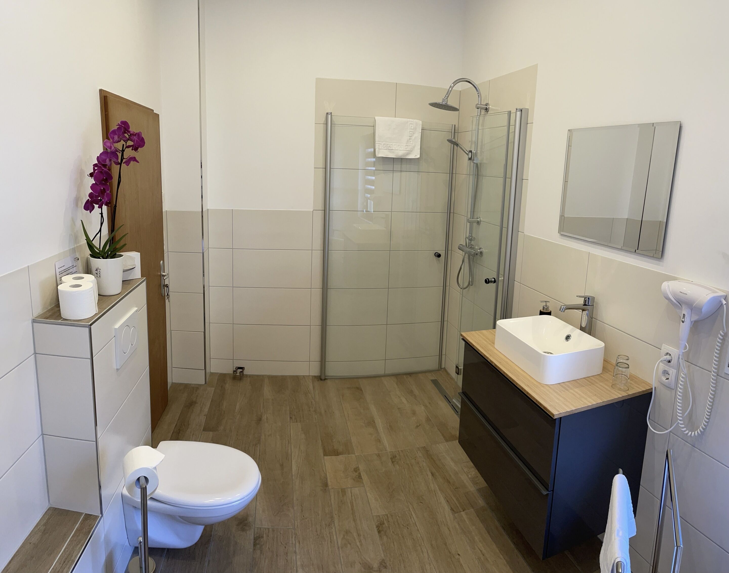 A modern bathroom with a glass-enclosed shower, a white sink, and a toilet.