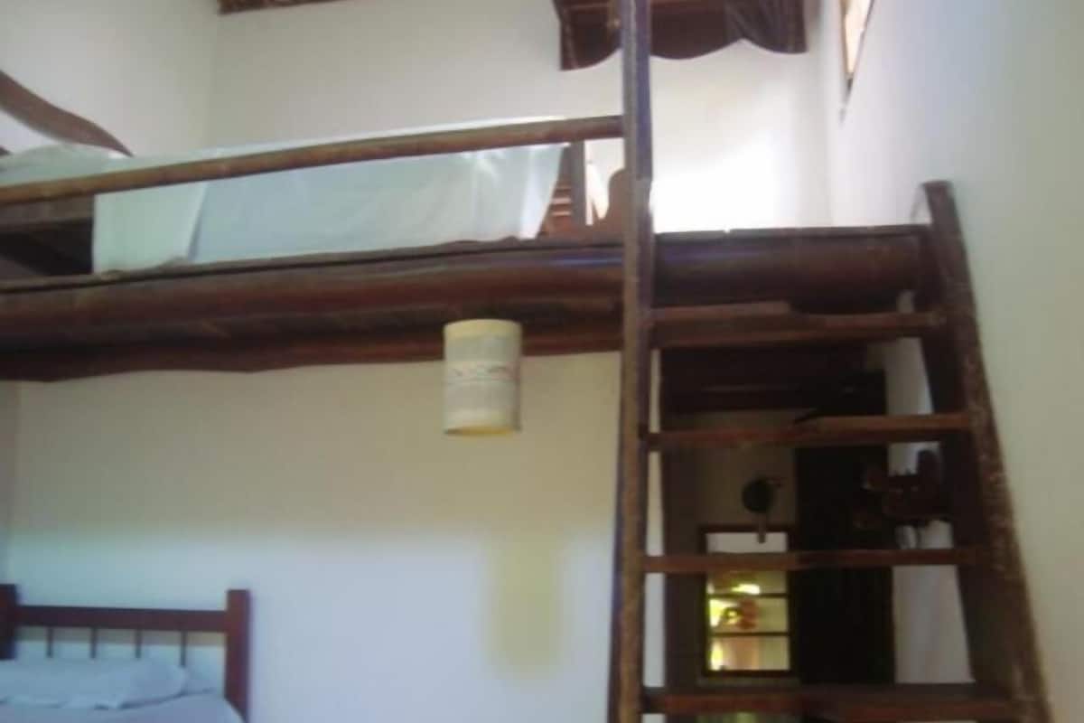 A room with a bunk bed, a wooden ladder, and a small window.