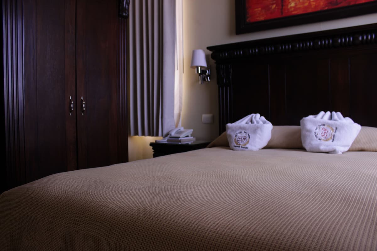 A hotel room with a large bed, a nightstand with a lamp, and two towels on the bed.
