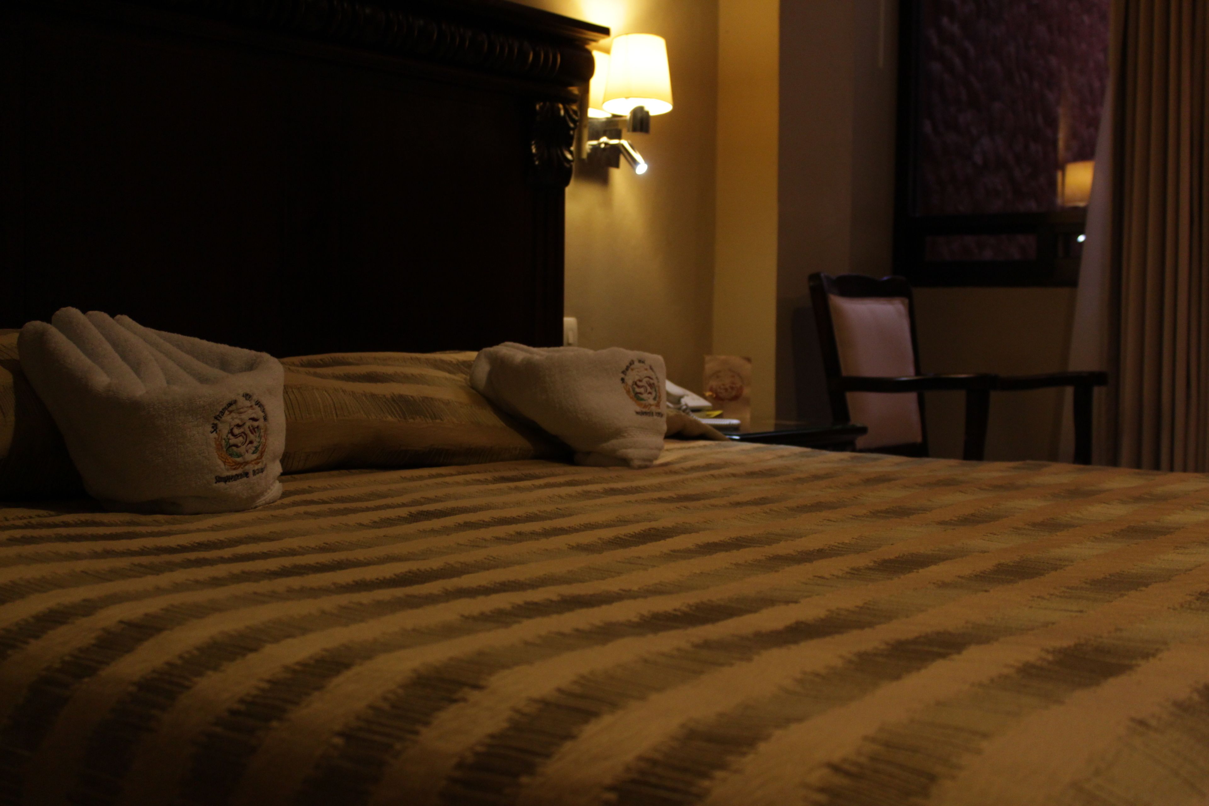 Una habitación de hotel con una cama, almohadas, una mesita de noche, una lámpara y una silla.