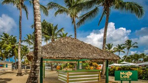 Quiosco de techo de paja con un cartel que dice 'Malo'o Natural Juices' en una playa arenosa con palmeras.
