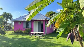 A house with a pink exterior, a small front porch, and a picnic table in the yard. - Domaine de May (Saint-François)