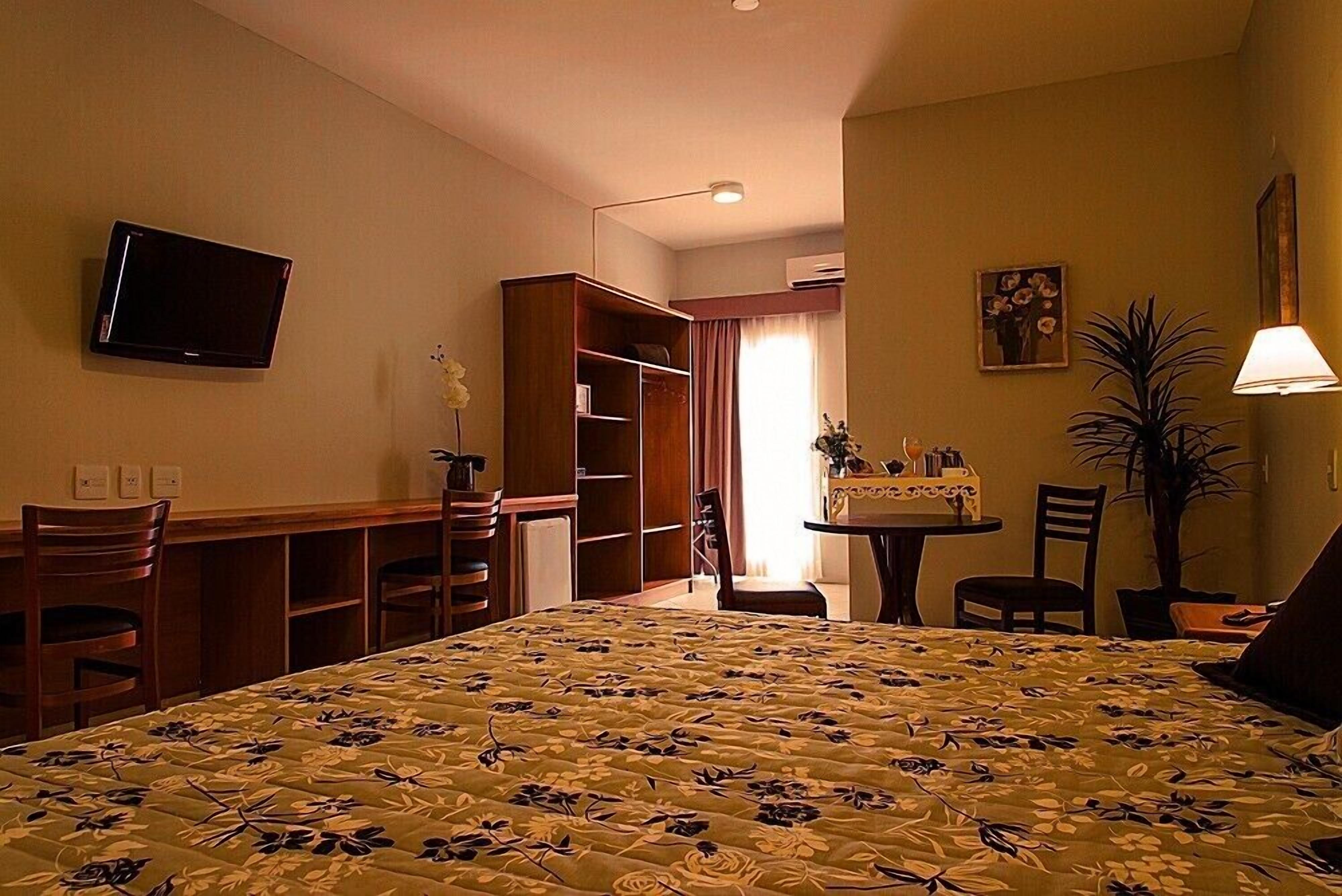 Habitación de hotel con una cama grande, un escritorio, un televisor, un armario, una pequeña mesa con sillas y una planta en maceta.