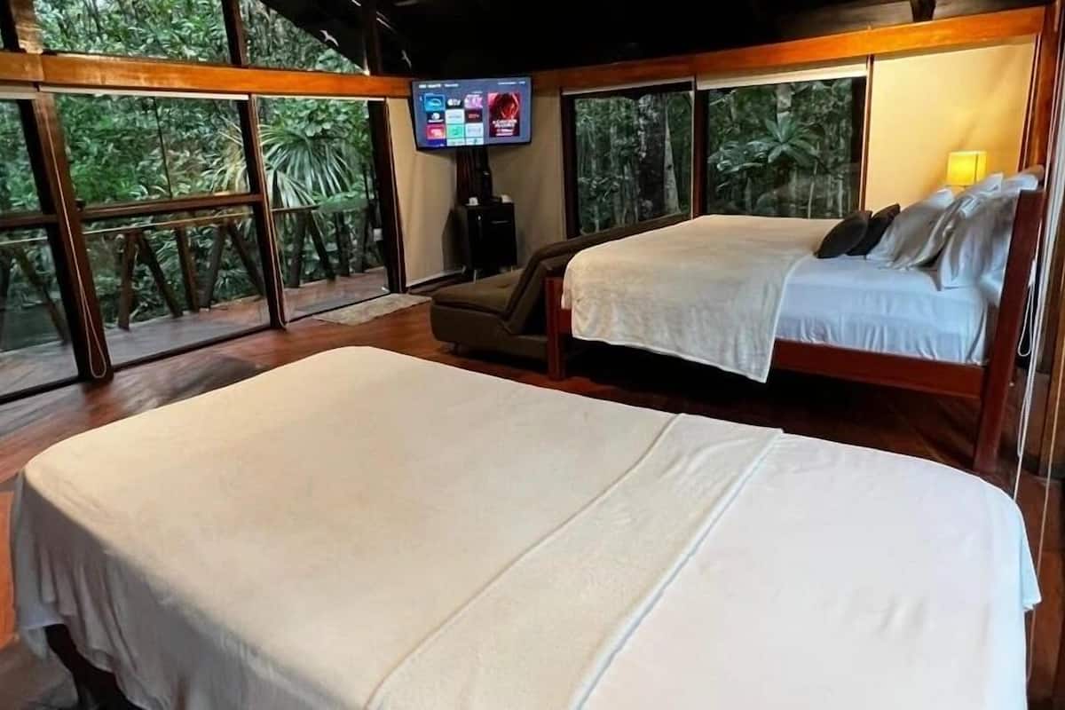 A room with two beds, a TV, and large windows overlooking greenery.